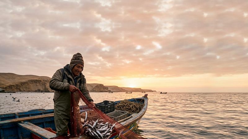 Artisanal fisherman hauling a net full of small fish into a wooden boat at sunrise